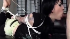 Asian whore blindfolded, gagged and used as a cum dumpster