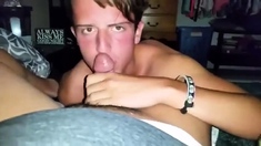 Twink friend strokes my big cock, I cum in his mouth