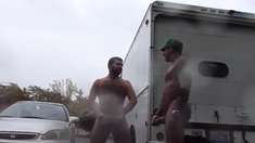 Guys Very Public Rainy Stroking In Parking Lot